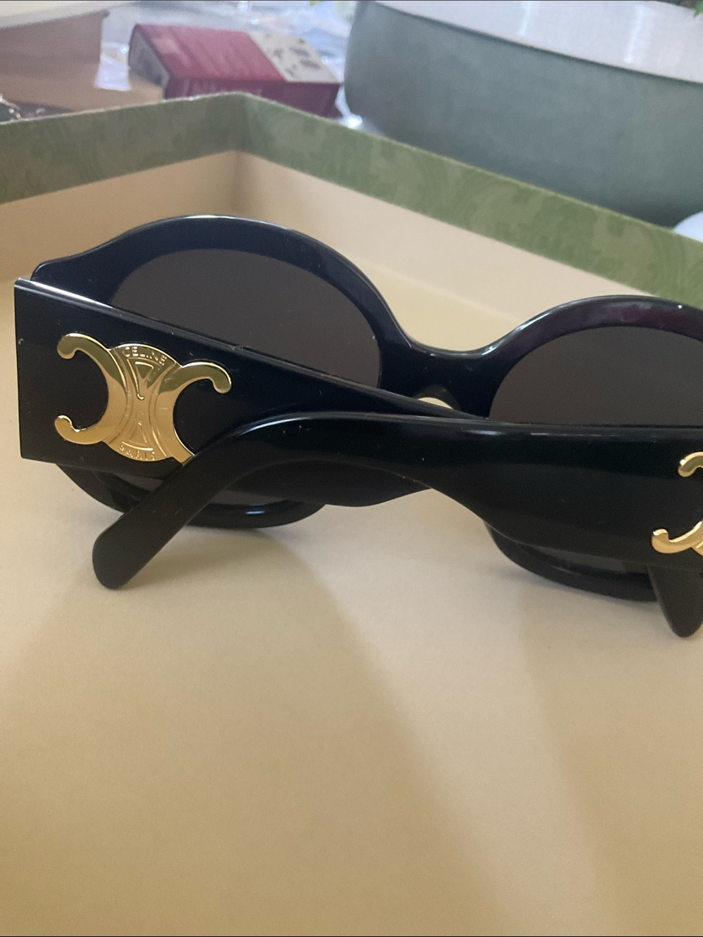 Celine Round Oversized Black Sunglasses with Gold Logo - Picture 5 of 7